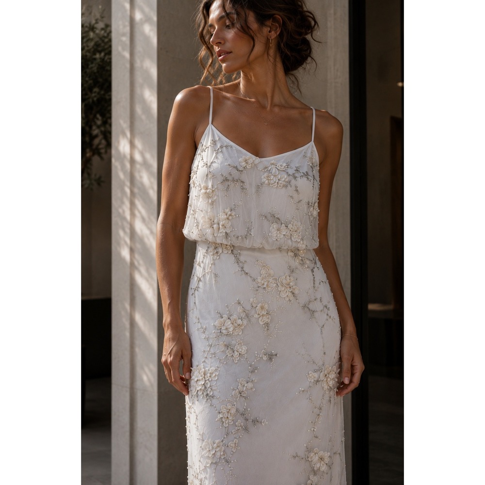 NWT Adrianna‎ Papell Beaded Floral Embroidered Blouson Maxi Gown Ivory 12
